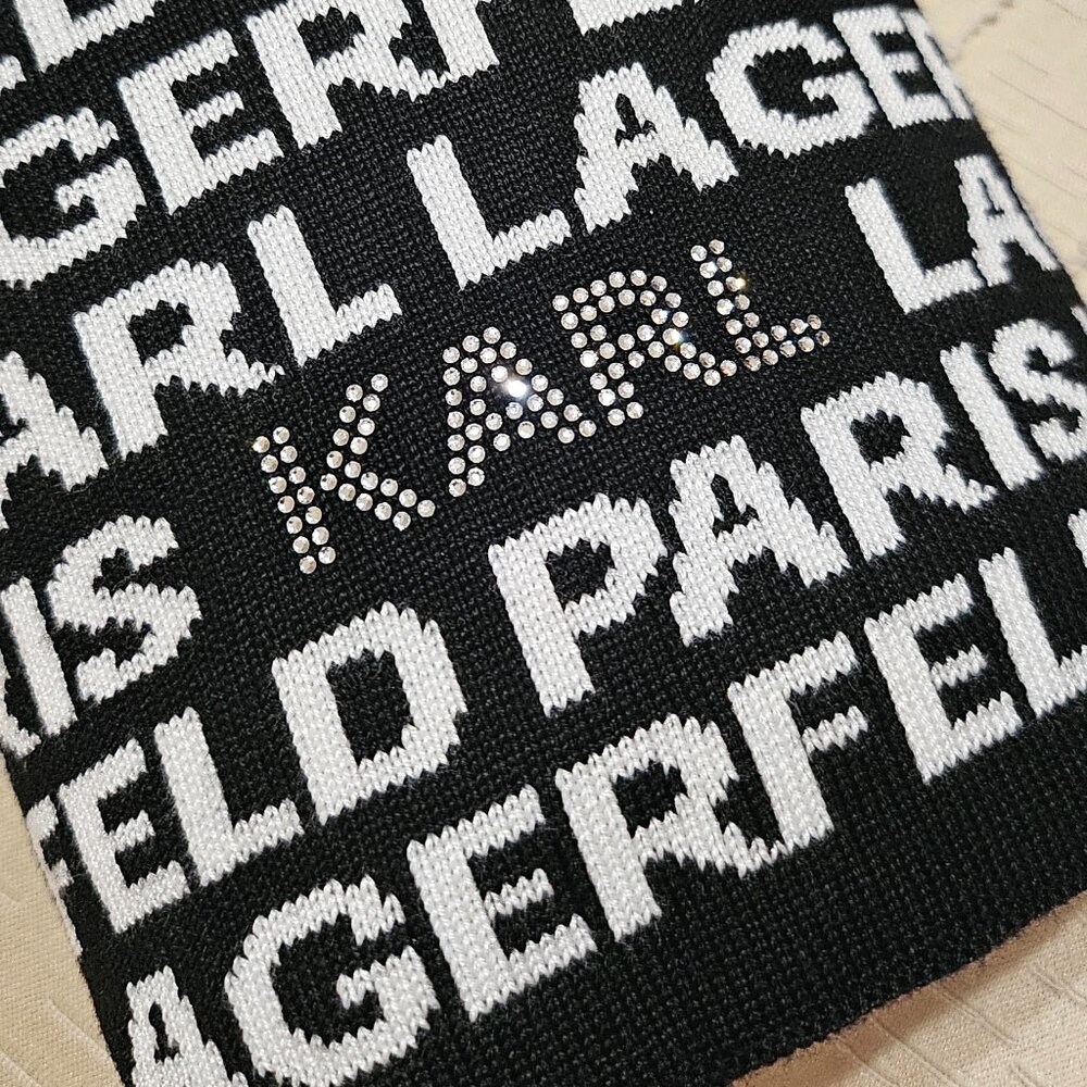 KARL LAGERFELD CHIC ICONIC MONOCHROME BLACK & WHITE  LOGO SCARF - Picture 5 of 15